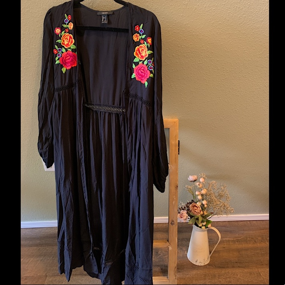 F21 - Kimono - Coverup - maxi dress - embroidered floral - boho